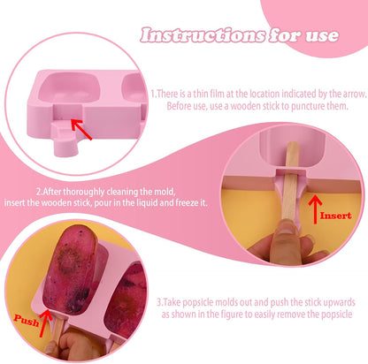WMKGG Popsicle Silicone Molds Set, 2 PCS Ice Cream Molds with 50 Wooden Sticks for Cake Pop, Ice Pop, Cakesicles (Standard Size/Pink)