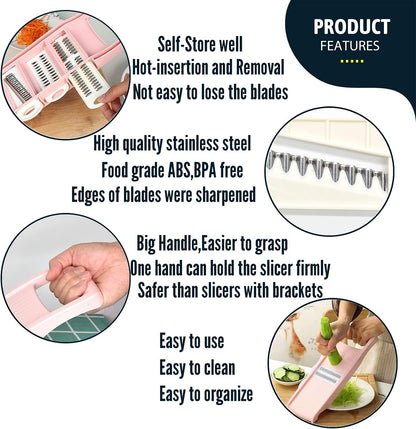 NACOLUS Mandoline Slicer for Kitchen Slicer Vegetable Cutter 5 In 1 Veggie Slicer Potato Slicer waffle fry cutter Hot Swap Mandolin with Peeler for Vegetables Carrot Shredder Cucumber Slicer - Pink