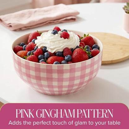 Paris Hilton Serving Bowl with Bamboo Lid, Stoneware Salad Bowl with Pink Gingham Print Exterior, Lid Doubles as Cutting Board, 10-Cup, Pink