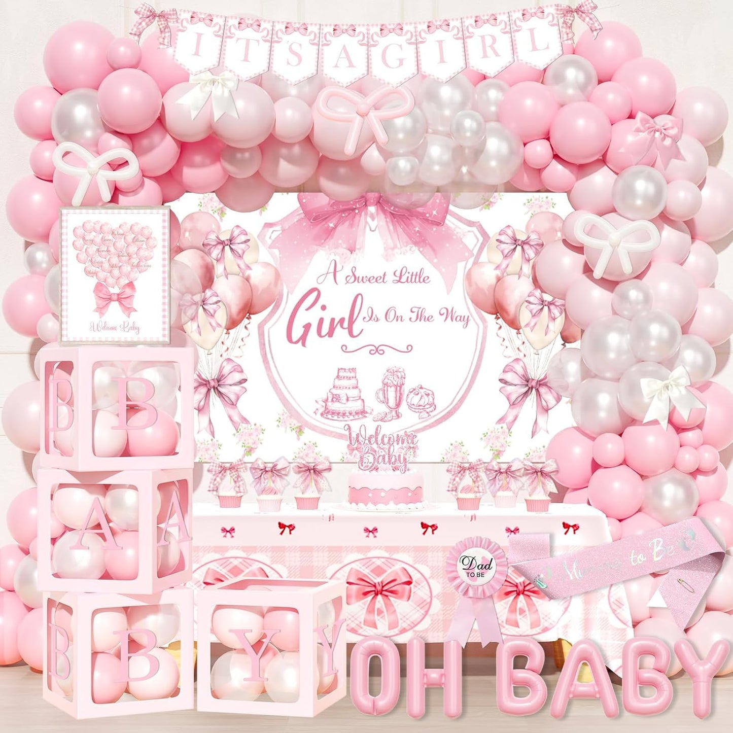 Party Inspo Pink Bow Baby Shower Decorations - 132 PCs Coquette Baby Shower Supplies with Balloon Garland, Backdrop, Cake Topper, Tablecloth, Boxes, Badge, Sash for Girls Pink Themed Party
