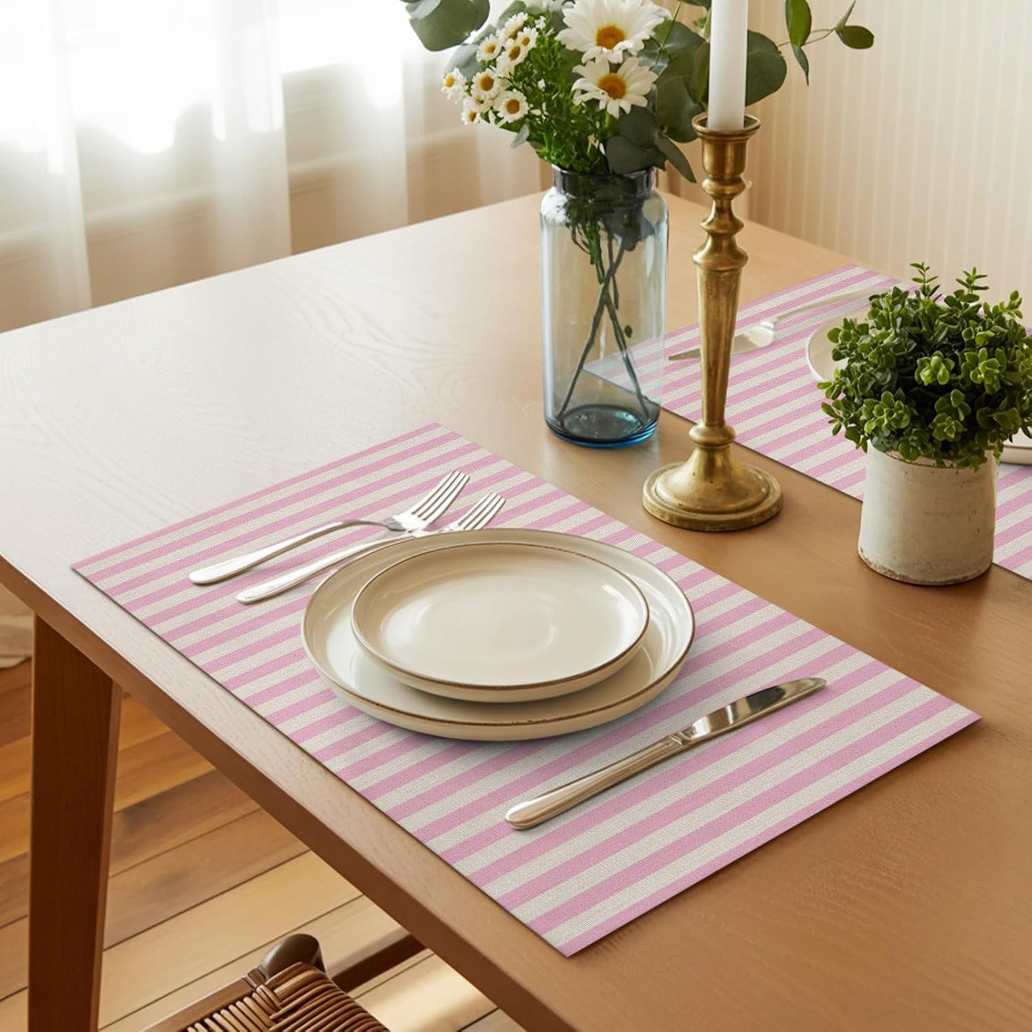 Pink Stripes Placemat Set of 6 Non-Slip Placemats for Dining Table Linen Classic Vertical Striped Washable Table Mats, Heat Resistant Kitchen Table Mats for Party, Dining Room & Home Decor