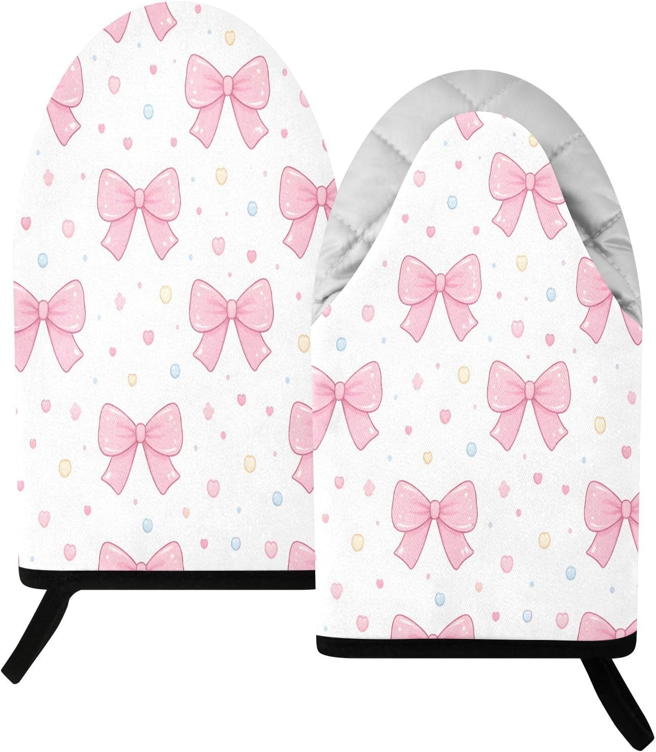 Pink Bows Polka Dots Non-Slip Oven Mitts Set Heat Resistant Kitchen Gloves with Quilted Liner Cotton Machine Washable with Hanging Loop for Baking Grilling BBQ