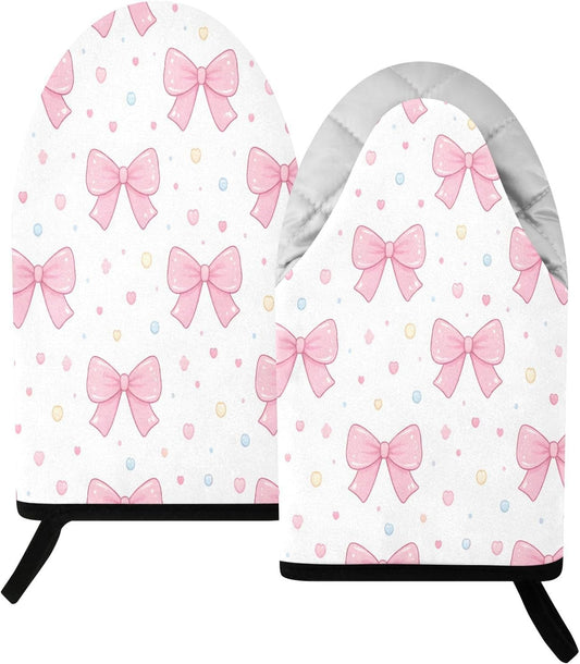 Pink Bows Polka Dots Non-Slip Oven Mitts Set Heat Resistant Kitchen Gloves with Quilted Liner Cotton Machine Washable with Hanging Loop for Baking Grilling BBQ