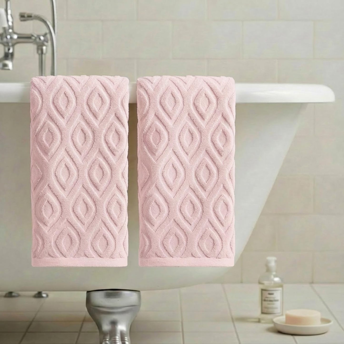 Artoid Mode 2 Pcs Pink 3D Diamond Grid Jacquard Hand Towels for Bathroom, 100% Cotton Soft Absorbent Bathroom Decor Towels, 13.7 x 29.5 Inch
