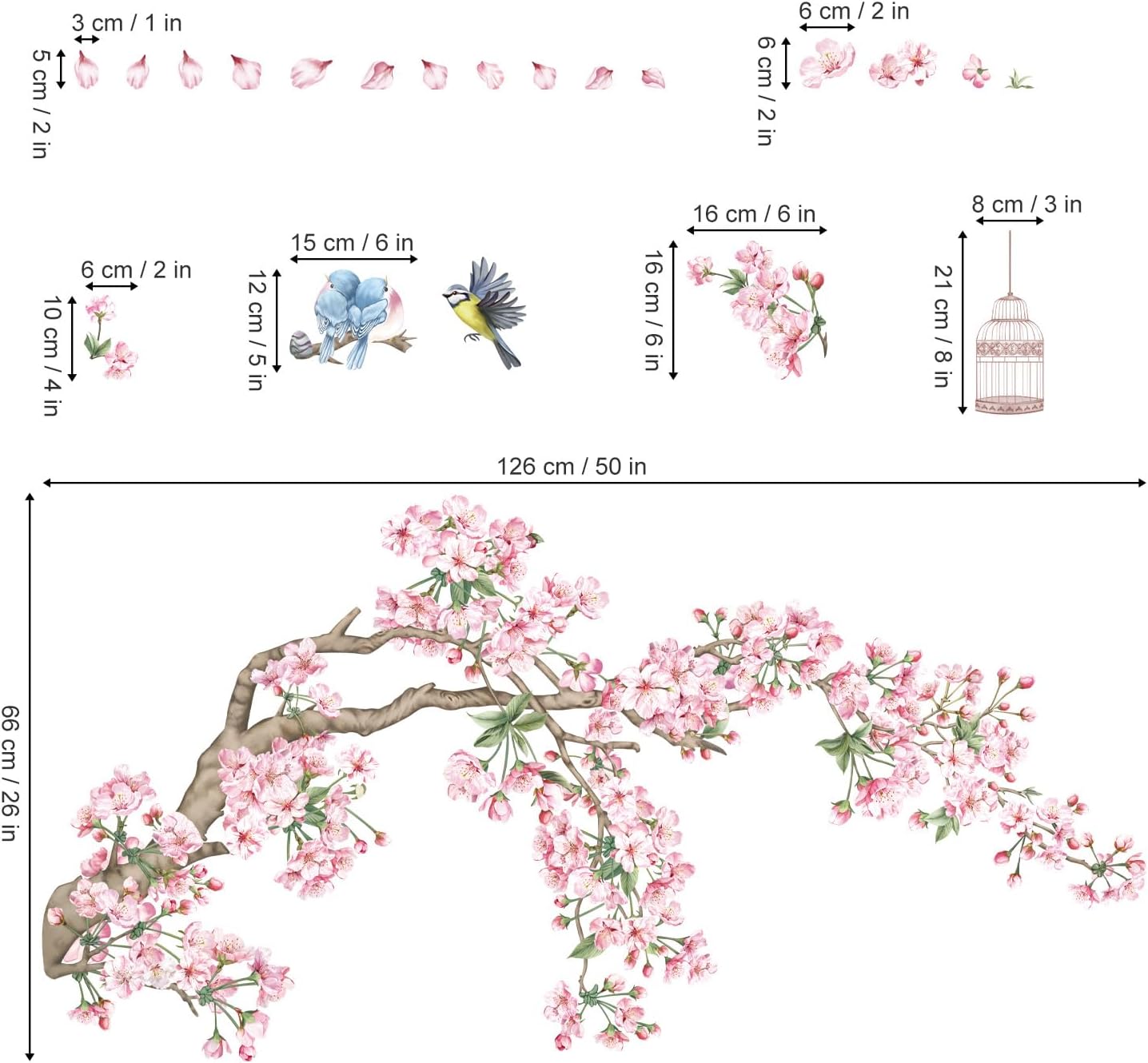 decalmile Cherry Blossom Tree Branch Wall Decals Pink Flower Birds Wall Stickers Bedroom Living Room Sofa TV Background Wall Decor