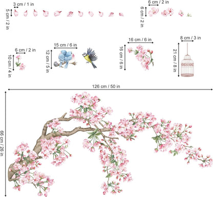 decalmile Cherry Blossom Tree Branch Wall Decals Pink Flower Birds Wall Stickers Bedroom Living Room Sofa TV Background Wall Decor