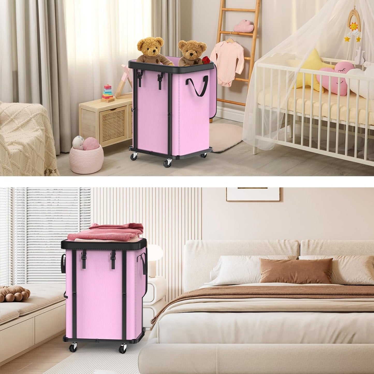 150L (40 Gal) Large Fashion Laundry Basket with Wheels, Leather Patchwork Rolling Hamper Carts, Sturdy Metal Frame, Removable Washable Bag, Tall Clothes Sorter for Bedroom (Pink, 1 Section-150L)