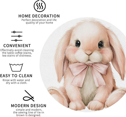 Watercolor Animal Light Pink Bunny Wearing Bow Drinks Coasters Set of 4 Leather Drink Coasters for Tabletop Protection Heat Resistant Bar Cup Mat Pad