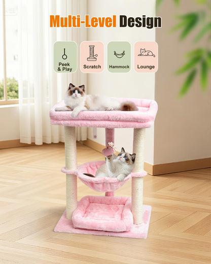 SYANDLVY Small Cat Tree for Indoor Cats with Top Perch, Middle Hammock & Bottom Bed, Natural Sisal Scratching Post Tower with Hanging Bell Ball & Anti-Tip Strap, Stable Indoor Cat Furniture, Pink