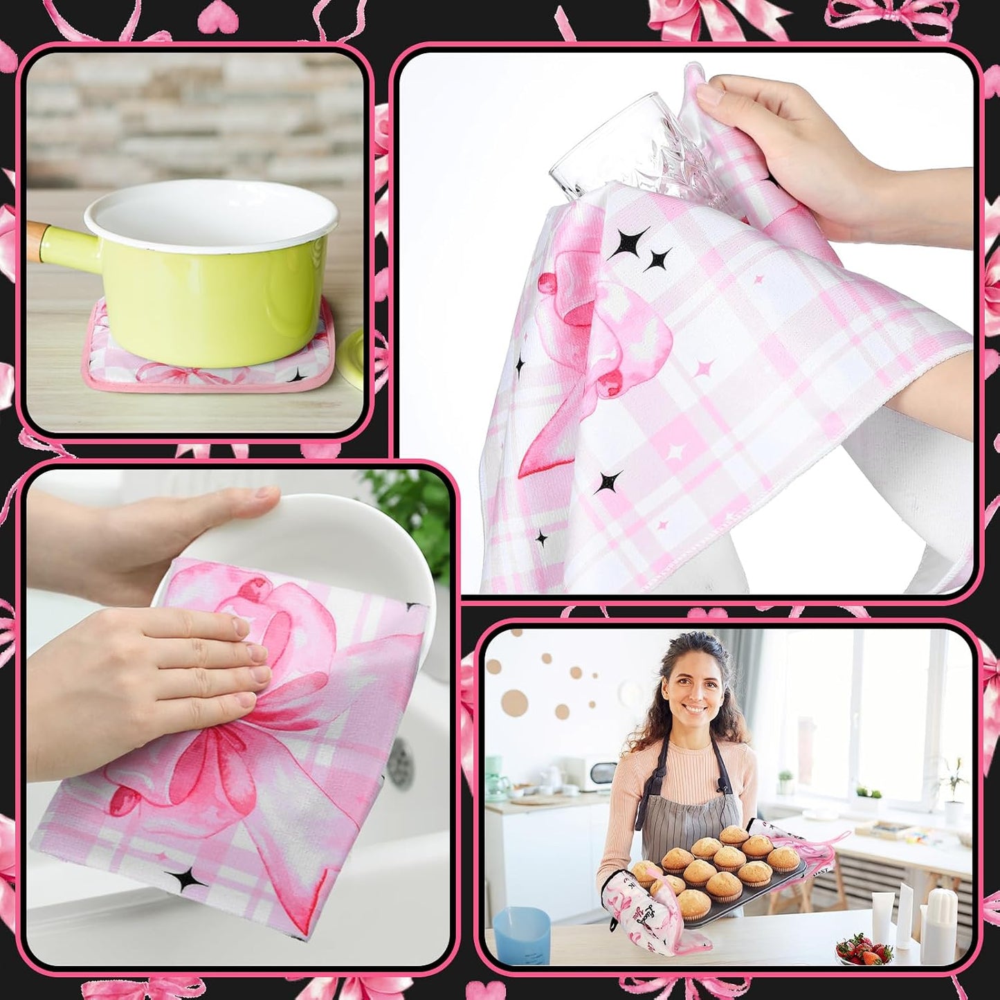 Fourluoo 10 Pcs Bow Kitchen Dish Towels Rugs Oven Mitts and Pot Holders Set Farmhouse Kitchen Decor Set for Women Mom Daughter Gift Cooking Baking Grilling(Black, Pink)