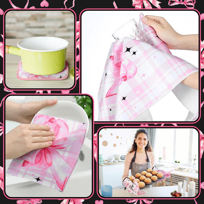 Fourluoo 10 Pcs Bow Kitchen Dish Towels Rugs Oven Mitts and Pot Holders Set Farmhouse Kitchen Decor Set for Women Mom Daughter Gift Cooking Baking Grilling(Black, Pink)