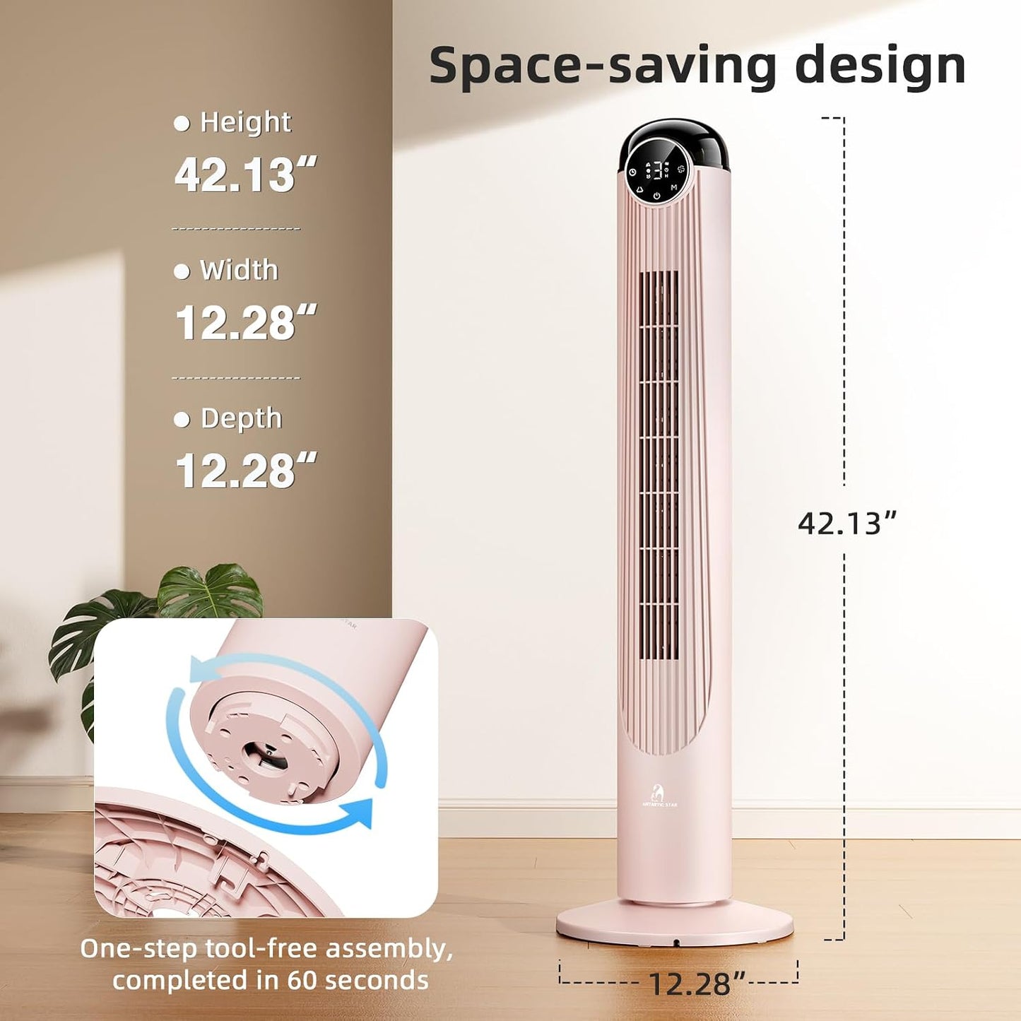 Antarctic Star T42 Tower Fan, 42 Inch Bladeless Oscillating Fan with Remote, 6 Speeds & 4 Modes, LED Display, 9H Timer, Quiet Floor Standing Fan for Bedroom Living Room Office, Pink