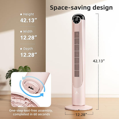 Antarctic Star T42 Tower Fan, 42 Inch Bladeless Oscillating Fan with Remote, 6 Speeds & 4 Modes, LED Display, 9H Timer, Quiet Floor Standing Fan for Bedroom Living Room Office, Pink