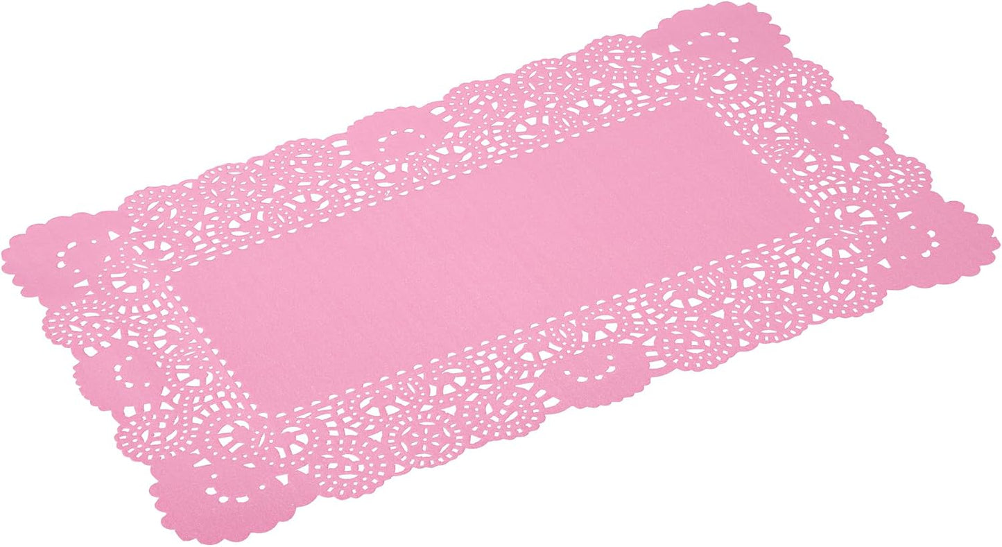 Restaurantware-Pastry Tek 12 x 7 Inch Paper Lace Doilies, 100 Rectangle Disposable Table Doilies - Elegant Lace Finish, Long Lasting, Pink Paper Lace Doilies, for Pastries, Cupcakes, Desserts