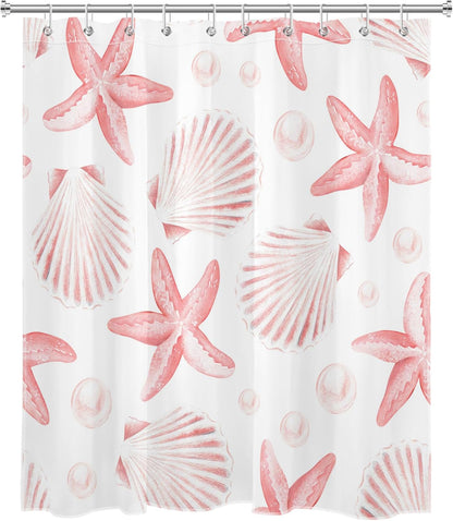 HVEST Nautical Coastal Shower Curtain for Bathroom Pink Seashell Seastar on White Fabric Shower Curtain with Hooks Summer Ocean Beach Bathroom Decor Curtains,72L X 60W inches