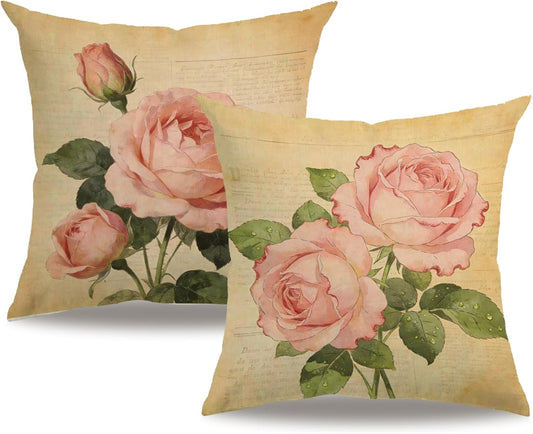 7COLORROOM Decorative Romantic Flower Pillow Cover Vintage Shabby Chic Peach Pink Rose Floral Cushion Cover Square Cotton Linen Pillowcase for Sofa Bedroom Car 18x18 Inch Set of 2 (Peach Pink)