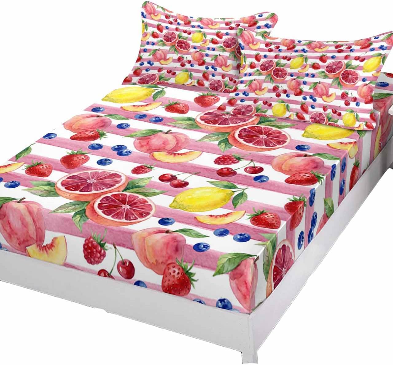 Fitted Sheets Elastic Deep Pocket Bed Sheet Queen Summer Peach Lemon Grapefruit Soft Brushed Microfiber Bed Sheets Set, Blueberry Strawberry Pink Stripe Mattress Cover Up Fitted Sheet Pillowcase