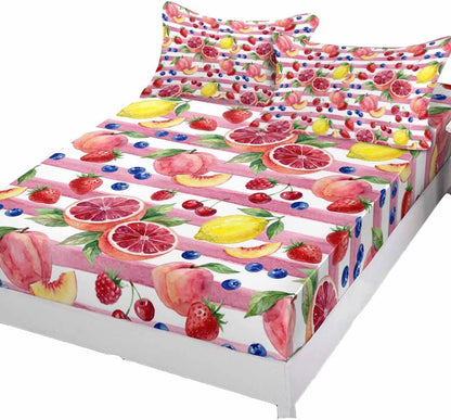Fitted Sheets Elastic Deep Pocket Bed Sheet Queen Summer Peach Lemon Grapefruit Soft Brushed Microfiber Bed Sheets Set, Blueberry Strawberry Pink Stripe Mattress Cover Up Fitted Sheet Pillowcase
