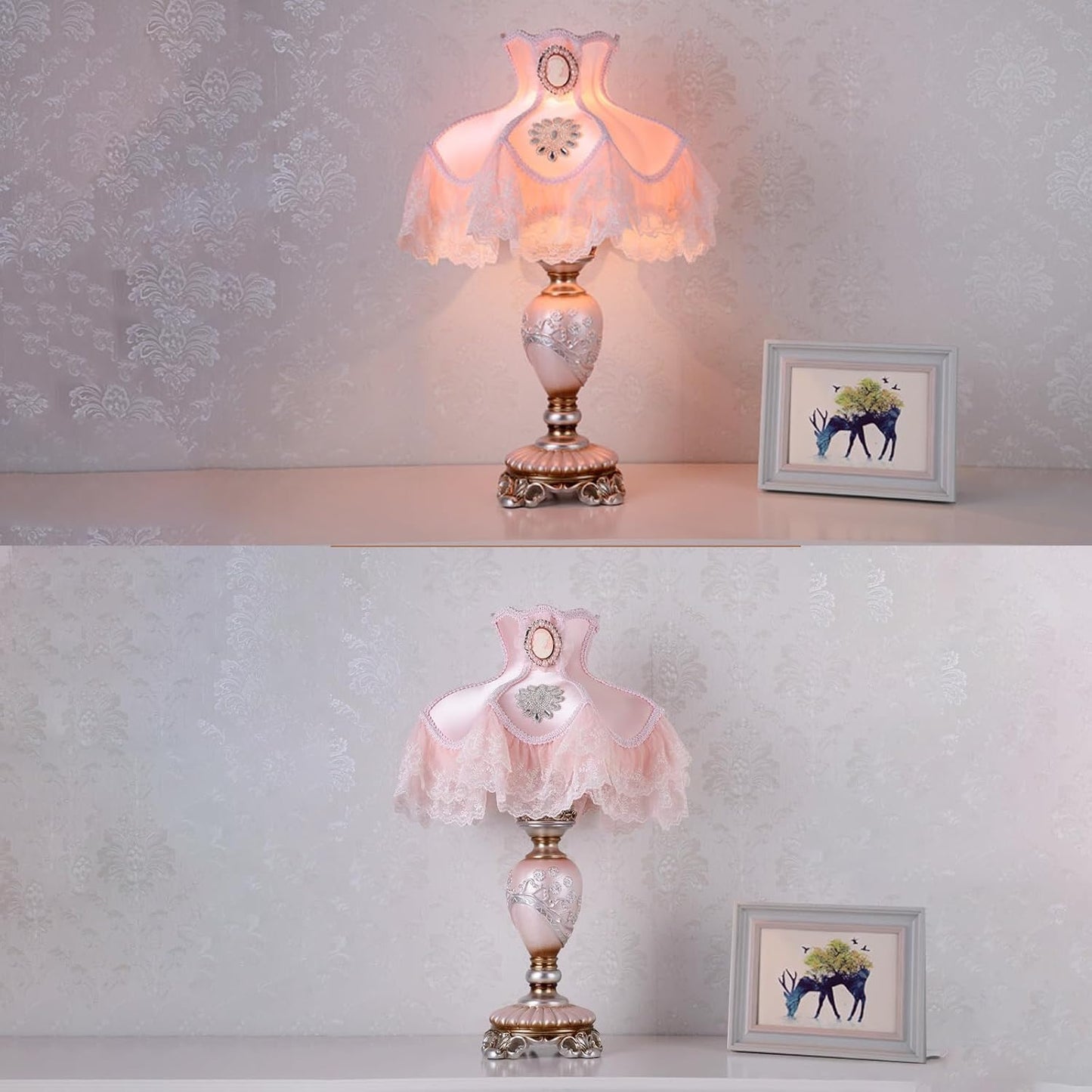 Pink Resin Table Lamp European Princess Desk Light Cerative Lace Fabric Lampshade with Resin Lamp Body Beside Lamp for Bedroom Living Room Study Room Nursery Room