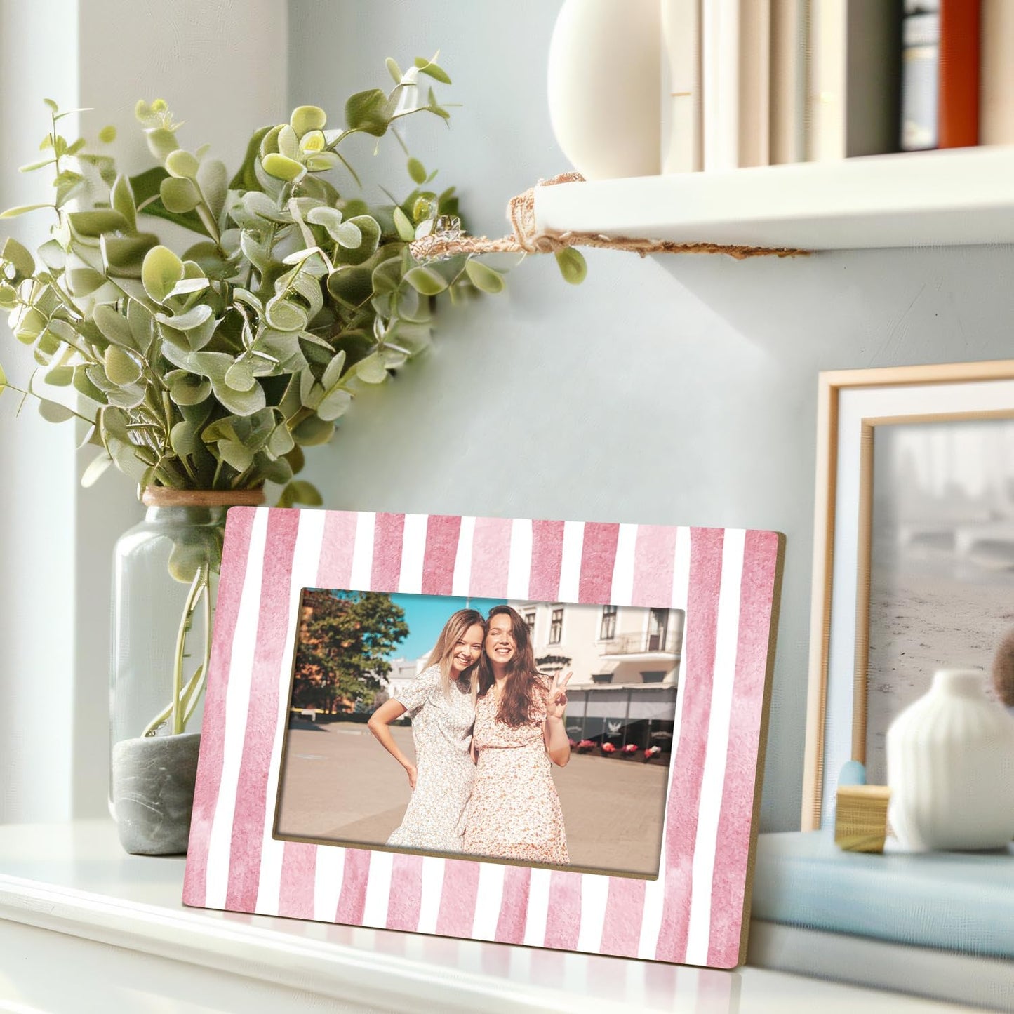 Pink Stripes Picture Frame, 4x6 Wood Photo Frame, Birthday Gifts for Friends Sisters Woman Girls, Picture Photo Frames Desk Tabletop Decor, Gifts for Friends -59