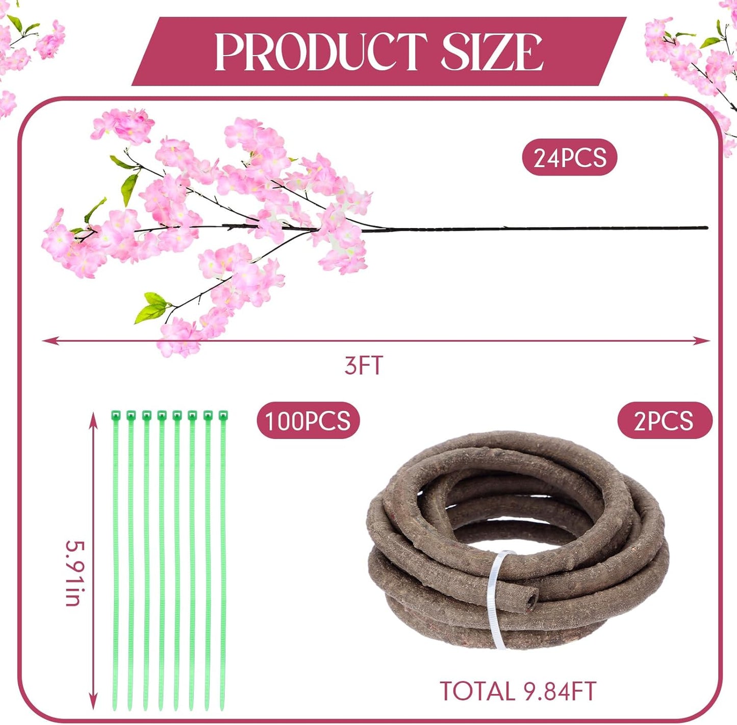 Tigeen 24 Stems Artificial Cherry Blossom Tree with 2 Vines and 100 Zip Ties Pink Blossom Tree for 3D Garden Wedding Wall Home Patio Fence Decor