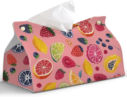Pink Cute Fruit Tissue Box Cover Rectangle,Summer Cottagecore Strawberry Toilet Paper Box Holder,Leather Decorative Facial Paper Case for Living Room Bathroom Kitchen Office Desk,9.8x5.9x5.9In