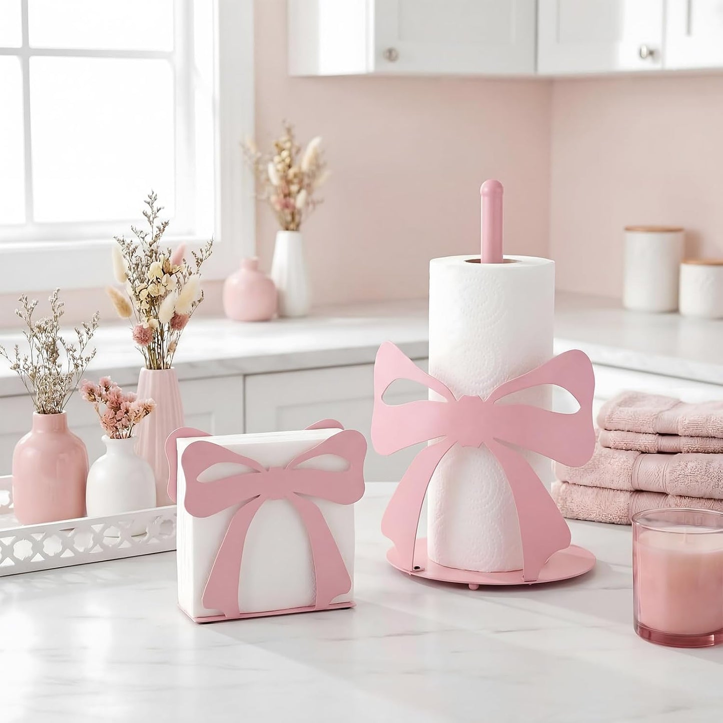 Novabright 2 Pcs Trendy Bow Paper Towel Holder for Tables Metal, Cute Bow Knot Kitchen Decoration Accessories Large Metal Towel Holder Stand for Coquette Wedding Home Party Bathroom Countertop(Pink)