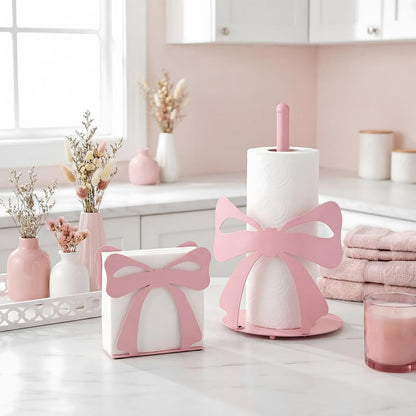 Novabright 2 Pcs Trendy Bow Paper Towel Holder for Tables Metal, Cute Bow Knot Kitchen Decoration Accessories Large Metal Towel Holder Stand for Coquette Wedding Home Party Bathroom Countertop(Pink)