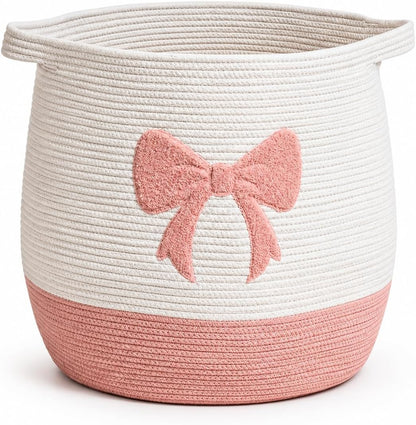 Baby Laundry Basket, Toy Storage Basket for Kids, Large Nursery Storage Basket with Pink Bow Design, Cotton Rope Organizer Bin with Handles for Toys, Blankets, Clothes and Baby Essentials