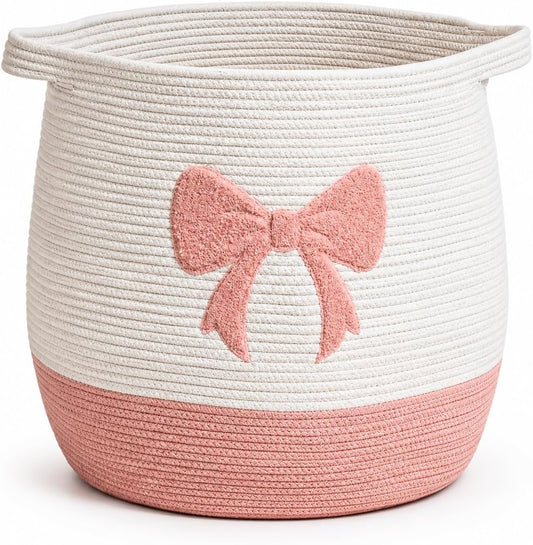 Baby Laundry Basket, Toy Storage Basket for Kids, Large Nursery Storage Basket with Pink Bow Design, Cotton Rope Organizer Bin with Handles for Toys, Blankets, Clothes and Baby Essentials