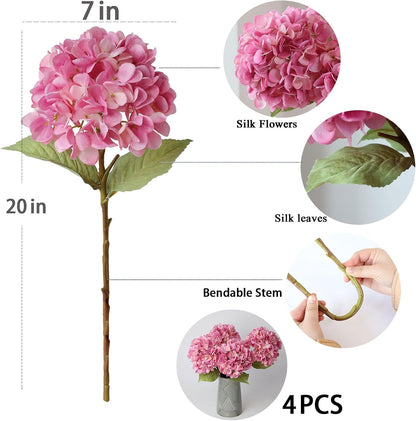 mizii 4Pcs Pink Artificial Hydrangea Flowers Large Fake Silk Hydrangea Flower with Leaves Stems Realistic Faux Hydrangeas Decorations for Wedding Table Centerpieces Vase Home Decor (Pink)