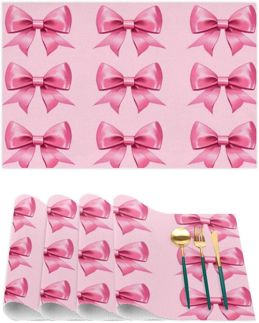 Cute Bow Placemats Set of 4 Vinyl Washable Non-Slip Pink Bowknot Table Mats, Heat Resistant Wrinkle Free Place Mats for Dining Table