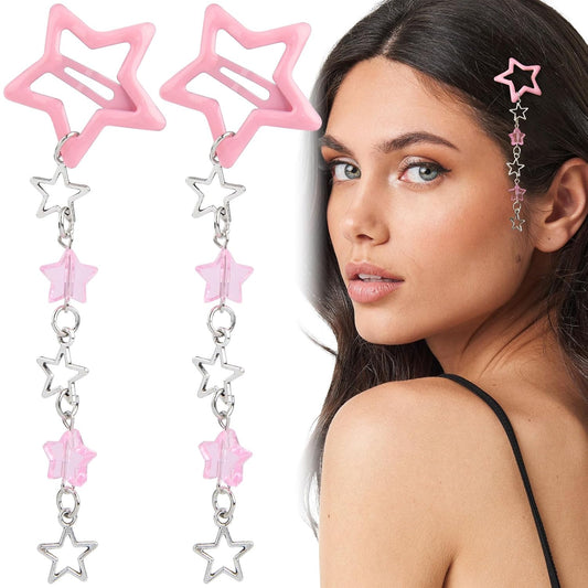 Pndeyo 2pcs Star Tassels Hair Clips for Women, Non-Slip 2000s Y2k Snap Barrettes, Cute Star Beaded Pendant Pin Accessories for Braid Long Short Thin Thick Hair - Pink