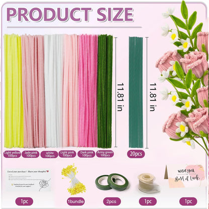 AHAMETON 620Pcs Pink Yellow Pipe Cleaners Complete Craft Kit with Wires, Pom Poms, Stamens and Card, All-in-One DIY Flower Craft Supplies for Creative Wedding Gifts Home Decor, Party & School Crafts