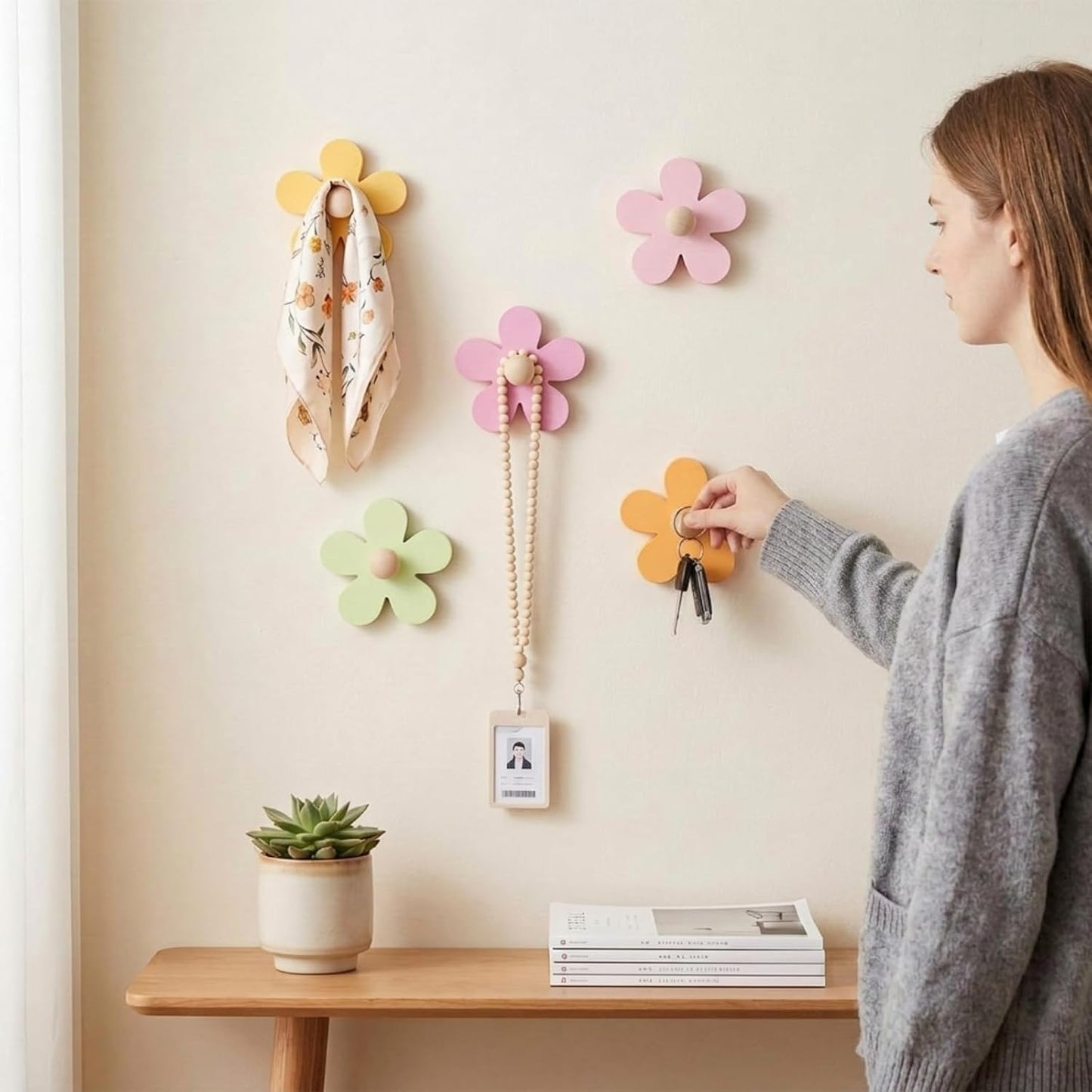 AceOrbit Pcs Daisy Wall Hooks Wood Flower Towel Hooks Cute Flower Decorative Wall Mount Hangers for Bathroom Kitchen Bedroom Home Entryway Decor(5,Yellow, Pink, Purple, Light Green)