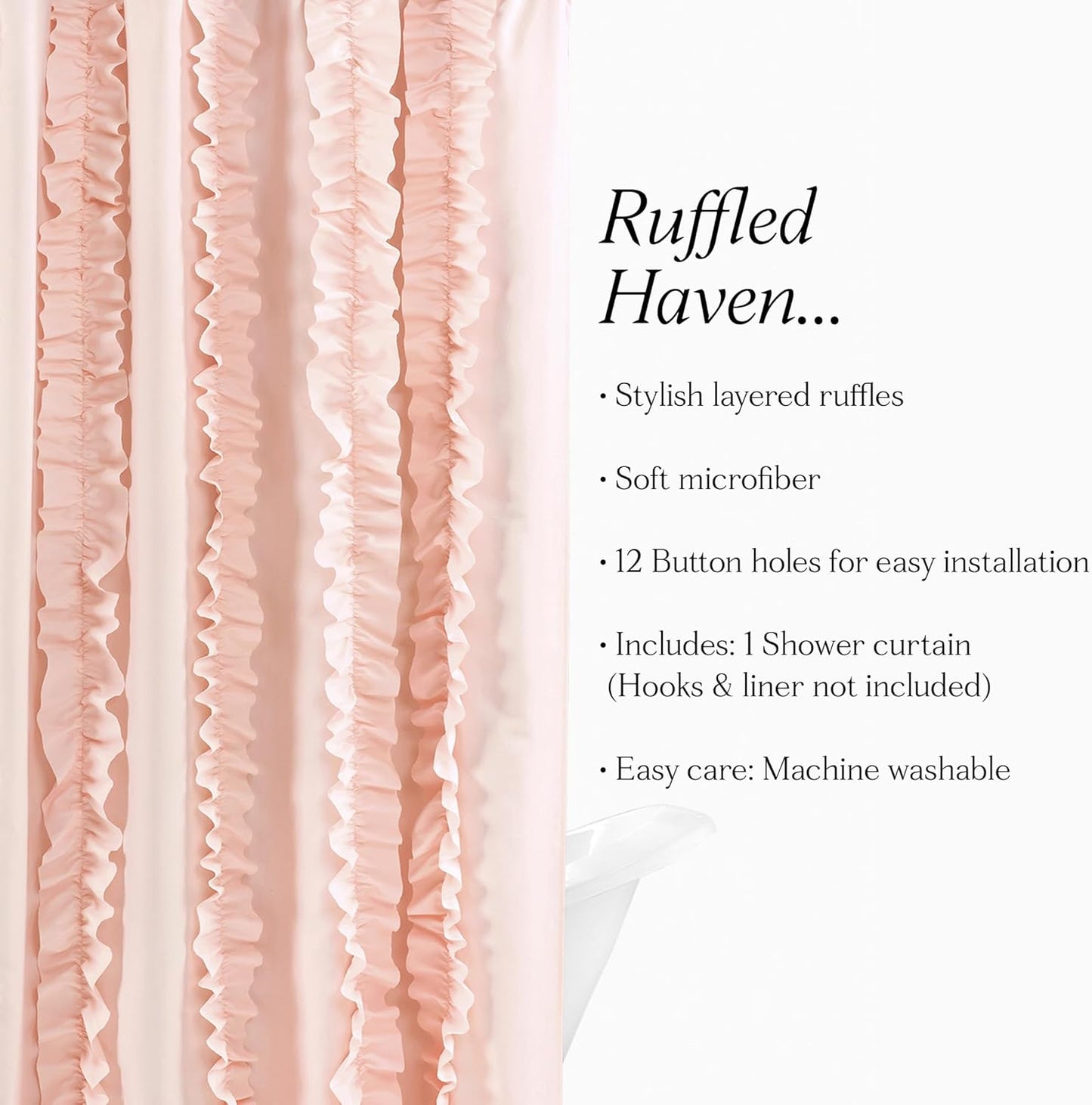 Lush Decor Belle Shower Curtain Single 72" W x 72" L Blush - Fabric Shower Curtains for Bathroom - Pink Bathroom Curtain - Coquette Decor
