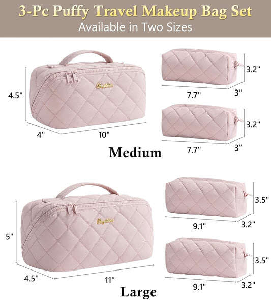 Travel Makeup Bag, 3 Pcs Large Capacity Puffy Toiletry Bag for Women, Open Flat Make up Cosmetic Organizer w/Handle & Clear Divider Water-resistant Portable Pouch Travel Essentials, L-Light Pink