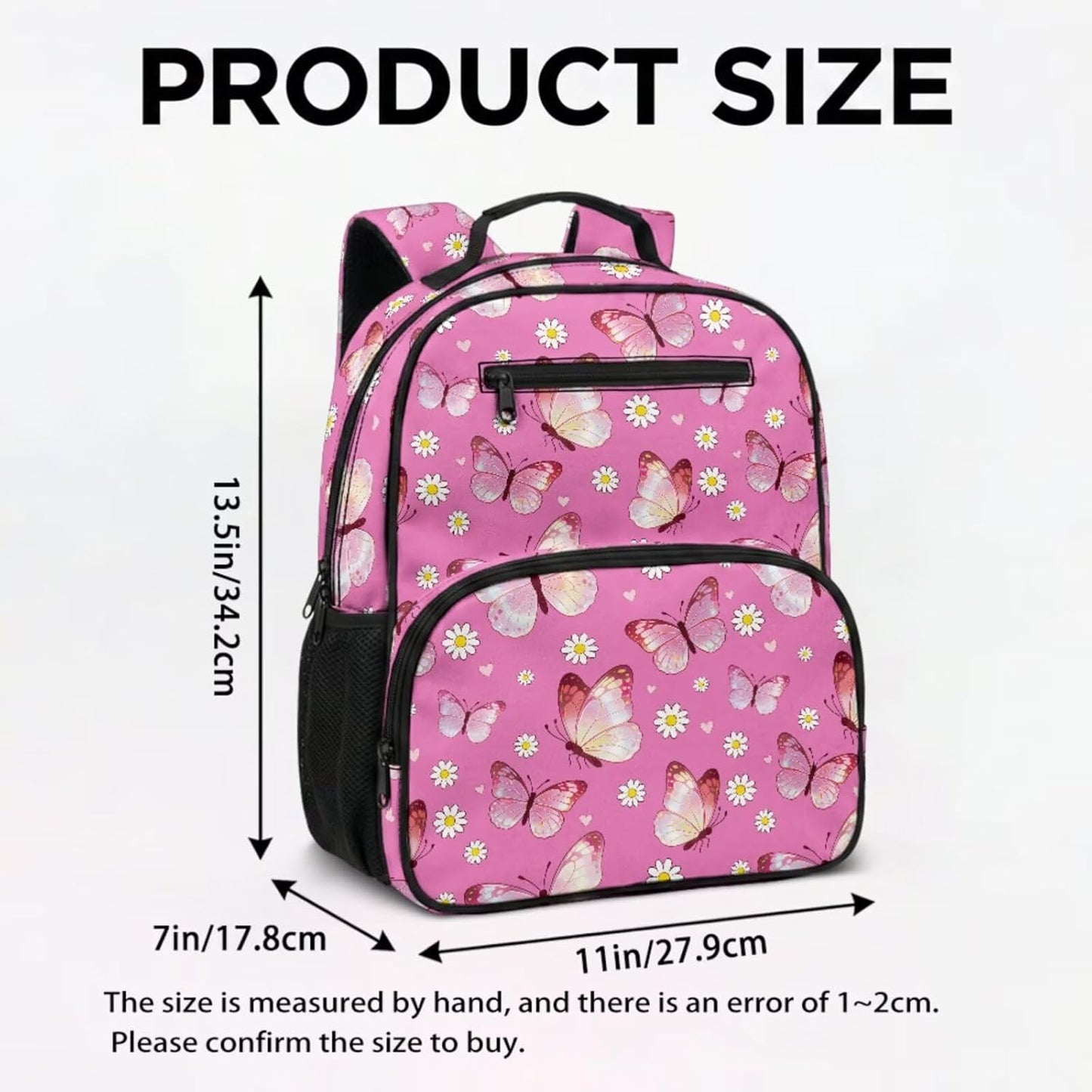 COEQINE Customized Backpack for Kids Girls School with Lunch Box Preschool Butterfly Pink Floral Girls Bookbag Ages 4-6-8-10 Kindergarten with Water Bottle Side Pocket Diaper Bag Backpack,13 In