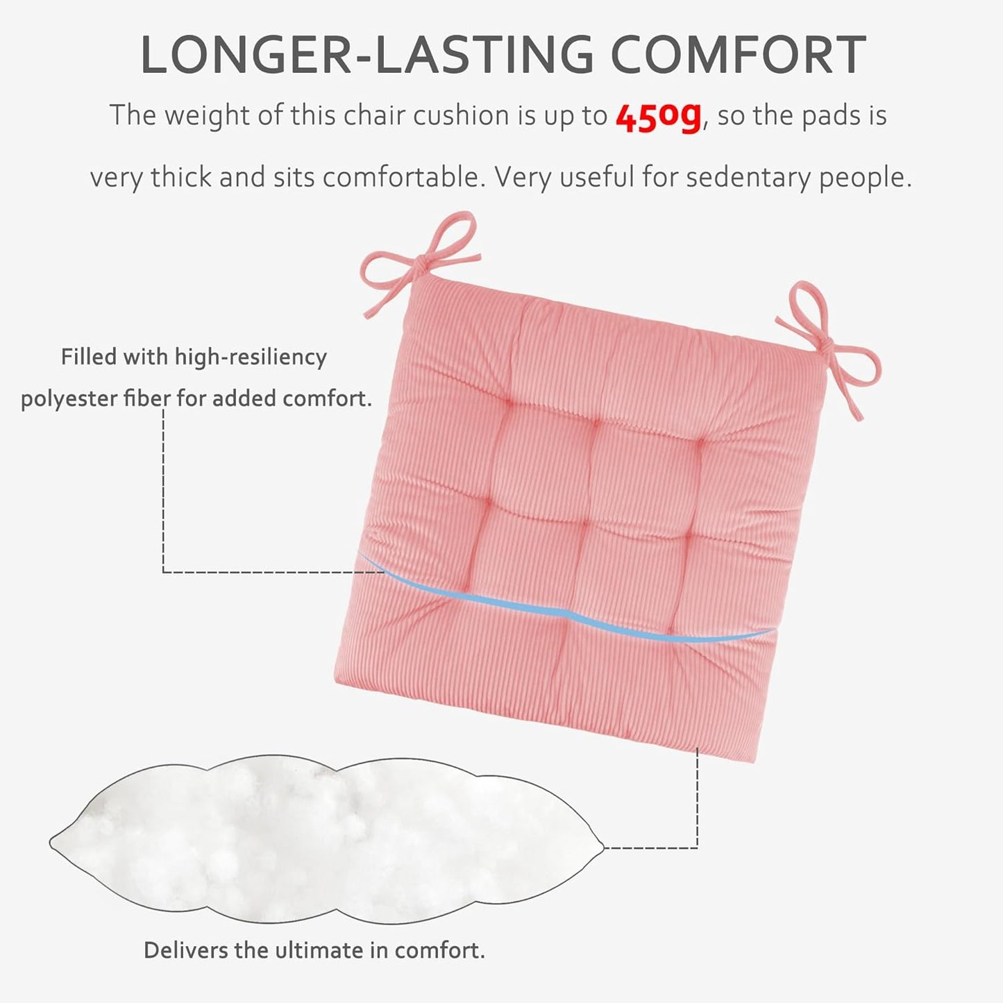 ELFJOY 4 Pack Chair Cushions for Dining Kitchen Chairs 18 Inches Seat Cushion Pads Warm Thick Corduroy Comfort Chair Cushions for Office with Ties(18", Light Pink)