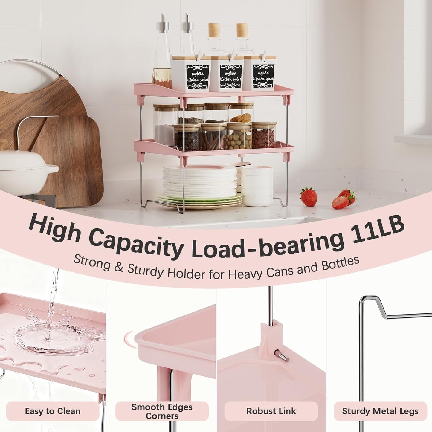 STARLATTA 2 Pcs Cabinet Organizer Shelf，Stackable Kitchen Counter Shelves, Spice Rack,Countertop Organizers，Pink Plastic Storage Shelves Rack for Makeup，Bathroom, Cupboard，Desk，Pantry Organization