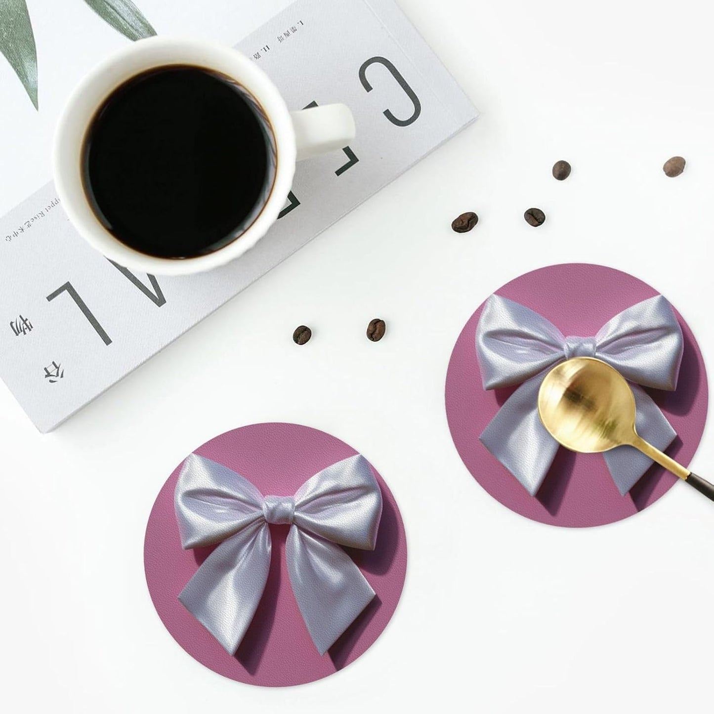 White Satin Bow On Light Pink Drinks Coasters Set of 4 Leather Drink Coasters for Tabletop Protection Heat Resistant Bar Cup Mat Pad