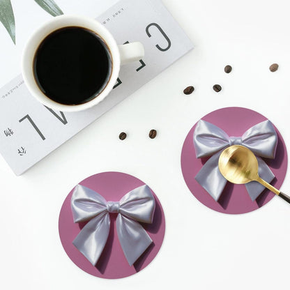 White Satin Bow On Light Pink Drinks Coasters Set of 4 Leather Drink Coasters for Tabletop Protection Heat Resistant Bar Cup Mat Pad