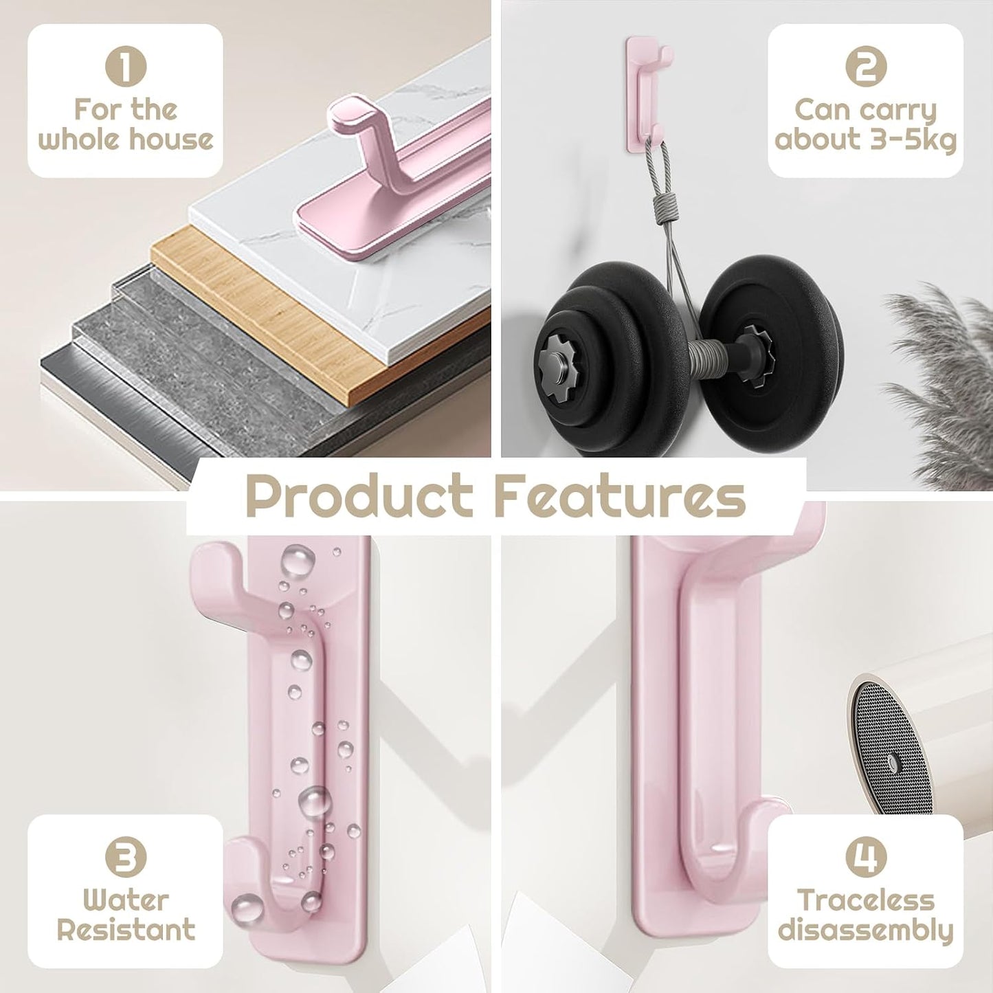 Wall Hooks for Coat and Towel: 13LB Strong Adhesive Door Hanger Stick on, Black 5 Pack (Pink)