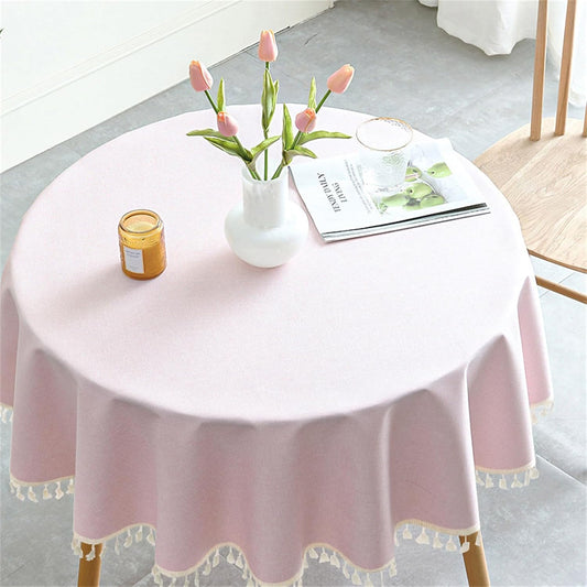 Rakila Round Waterproof 48 Inch Tablecloth with Handmade Tassel Solid Washable Table Cloth for Kitchen Dining Home Decoration (Pink, 70inch, Tassel)