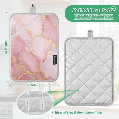 Kitchen Potholder Light Pink Marble Stone Pot Holders Set of 2 Heat Resistant Potholders Oven Hot Pads with Pockets for Countertop Trivet Baking Cooking BBQ