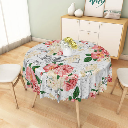 Modern Flowers Tablecloth 60 Inch Circle Vintage Style French Flower Seasonal Washable Wrinkle Free Spill Proof Polyester Wedding Birthday Round Table Cover for Dining Table Farmhouse Kitchen