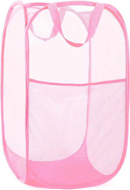Durable Collapsible Laundry Baskets - Reinforced Mesh Pop Up Laundry Hamper with Side Pocket, Foldable Clothes Storage Hamper with Carry Handles for Laundry, Bathroom, Kids Room, Dorm or Travel Pink