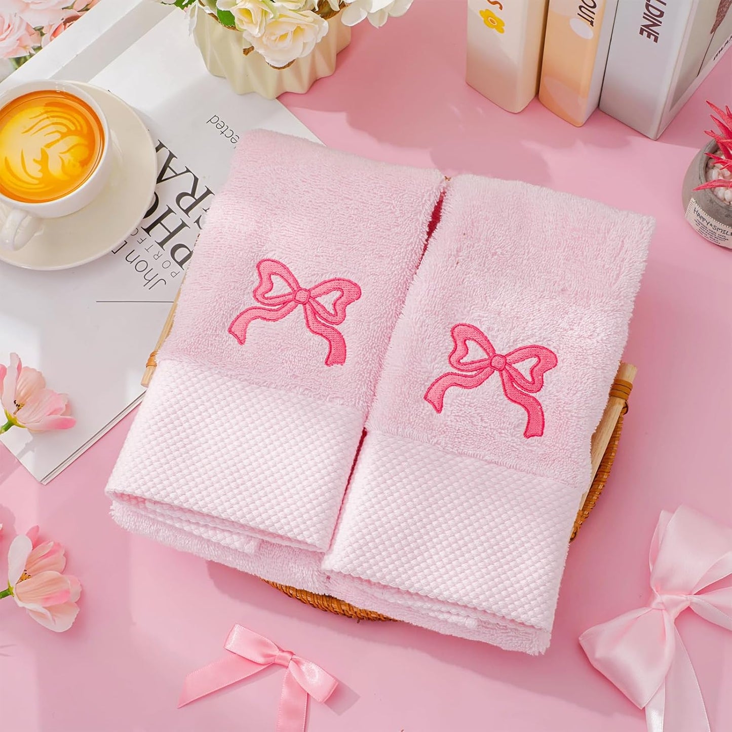 FYSUIMU 2 Pack Pink Bow Hand Towel Cotton Embroidered Cute Bowknot Bathroom Towel Dish Towels for Kitchen Hand Drying Cleaning Cooking, 29.5 x 13.7 Inch
