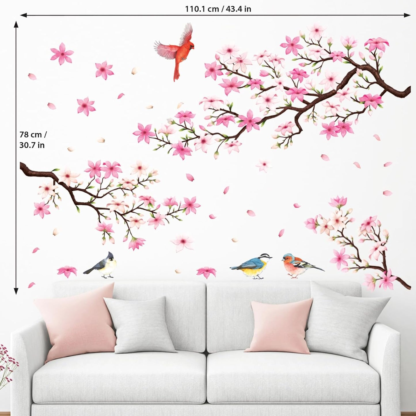 DECOWALL SG2-2305 Cherry Blossom Branch (Pink ver.) Wall Stickers Decals Peel and Stick Bedroom Living Room Flower murals décor Floral Bird Furniture Art Removable Nursery Baby Birch