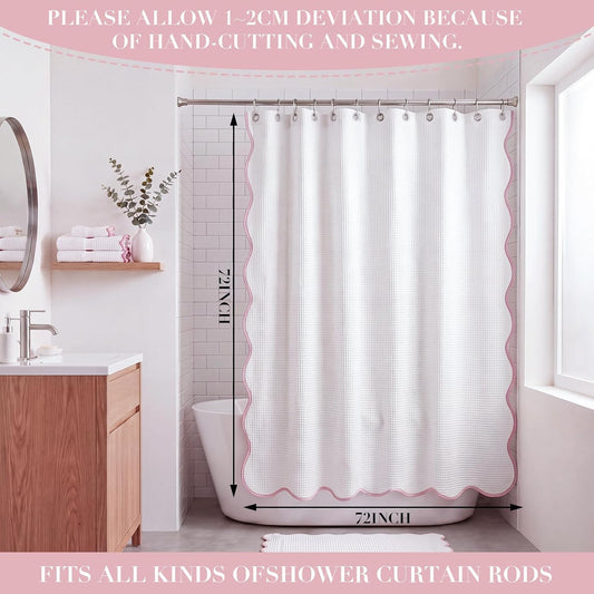 Scalloped Waffle Shower Curtain with 12 Metal Hooks Thick Weighted Fabric Wrinkle and Rust Resistant Heavy Duty Long Curtains for Bathroom Showers Bath Tubs Machine Wash, 72x72 in (Pink)